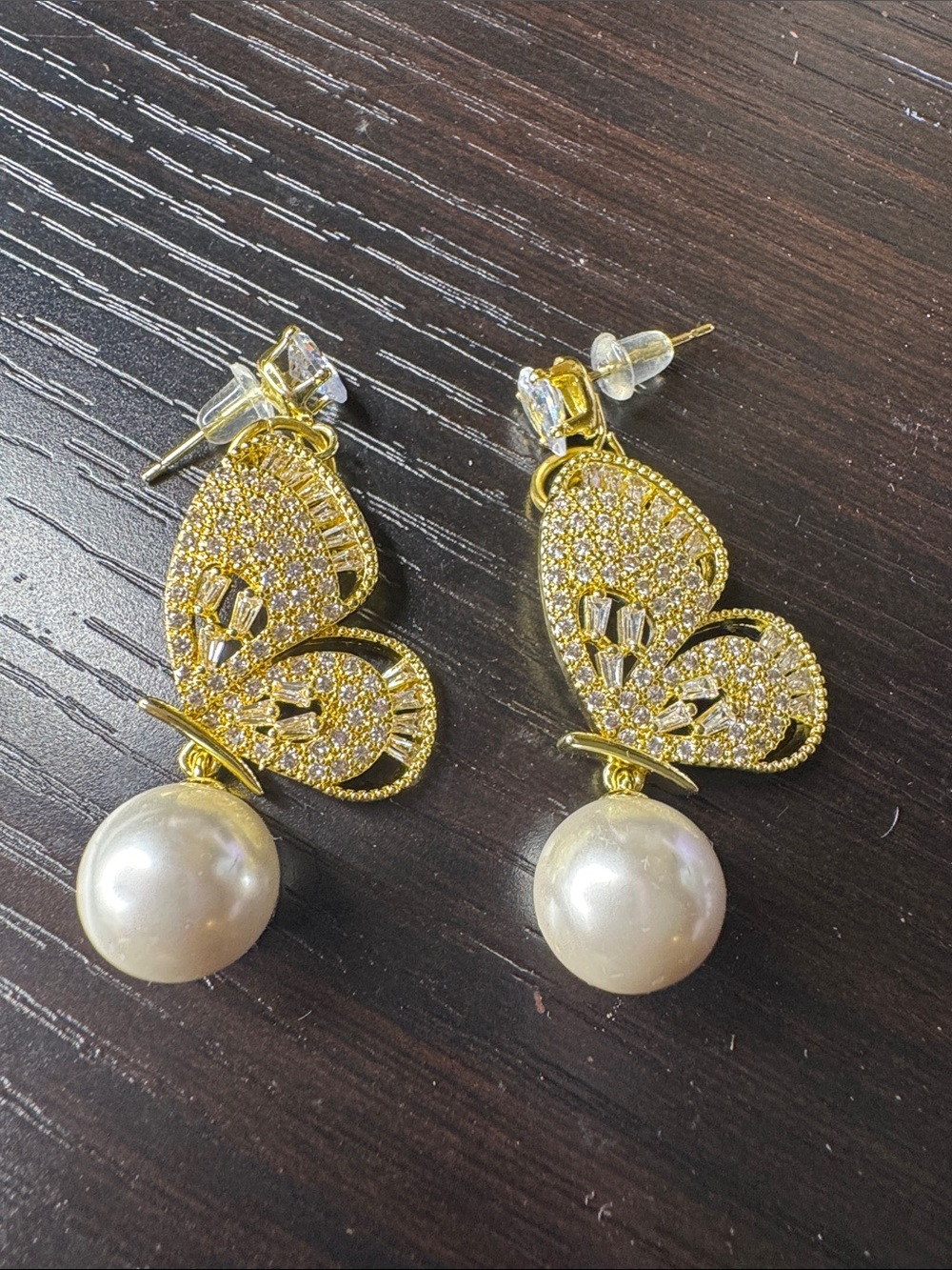 Gold Butterfly Crystal Drop Pearl Earrings - Women Jewelry